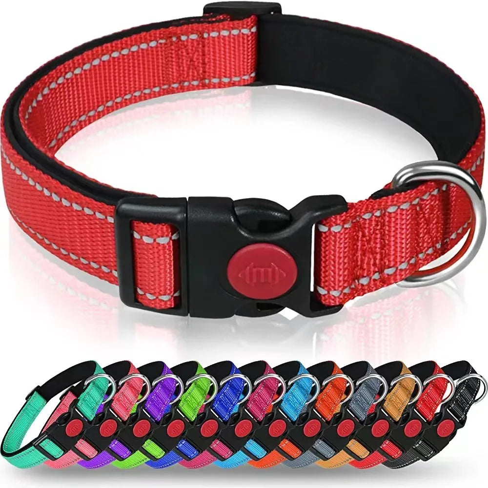 Reflective Neoprene Adjustable Think Nylon Webbing Cat Dog Collar Light with Locking Buckle Modern for Large Dogs