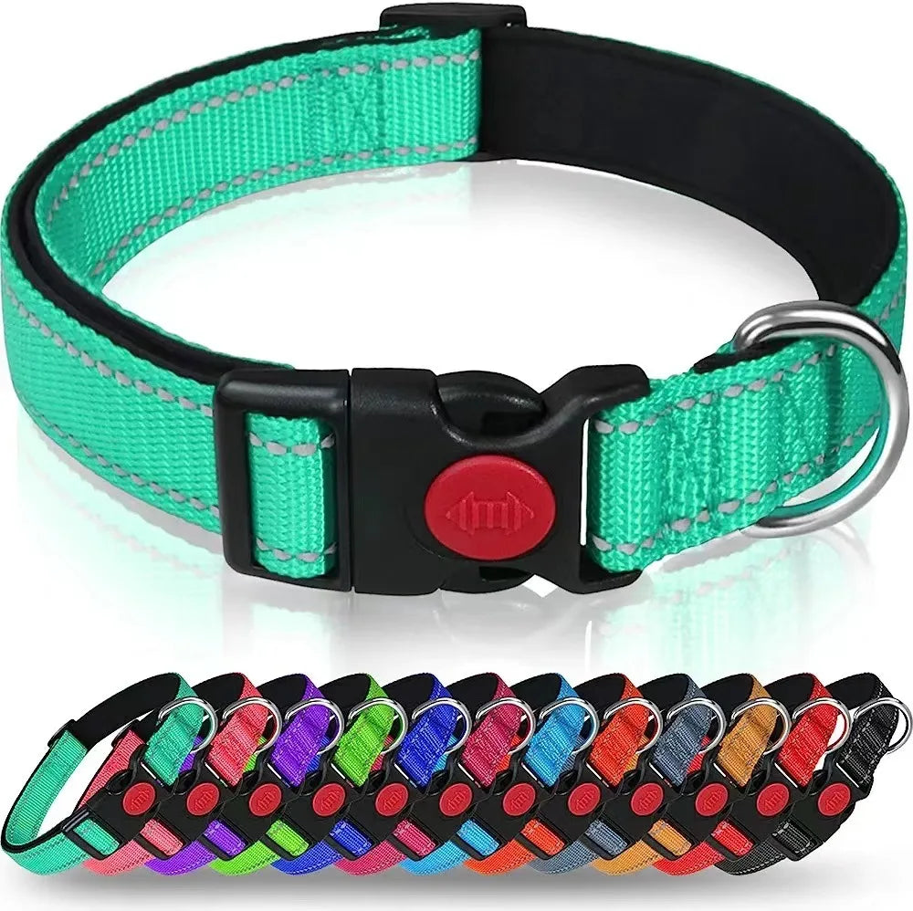Reflective Neoprene Adjustable Think Nylon Webbing Cat Dog Collar Light with Locking Buckle Modern for Large Dogs