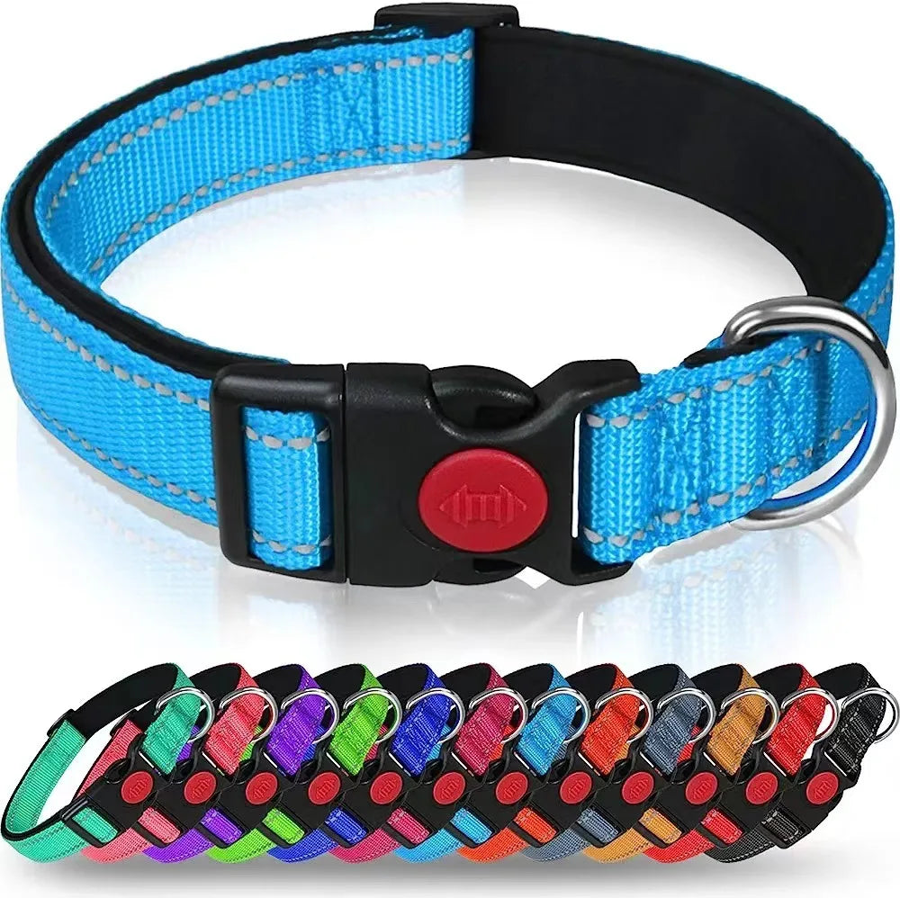 Reflective Neoprene Adjustable Think Nylon Webbing Cat Dog Collar Light with Locking Buckle Modern for Large Dogs