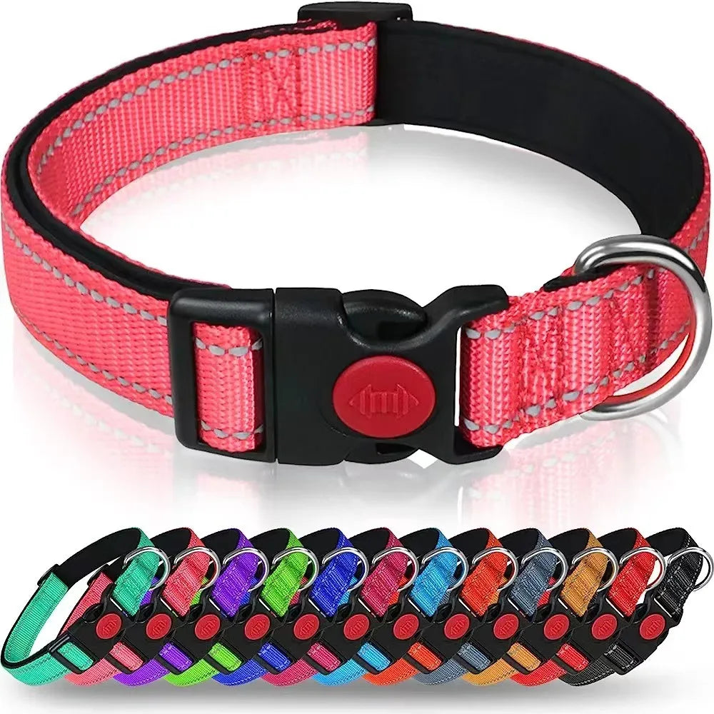 Reflective Neoprene Adjustable Think Nylon Webbing Cat Dog Collar Light with Locking Buckle Modern for Large Dogs
