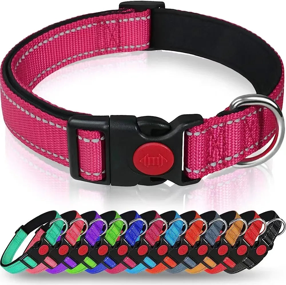 Reflective Neoprene Adjustable Think Nylon Webbing Cat Dog Collar Light with Locking Buckle Modern for Large Dogs