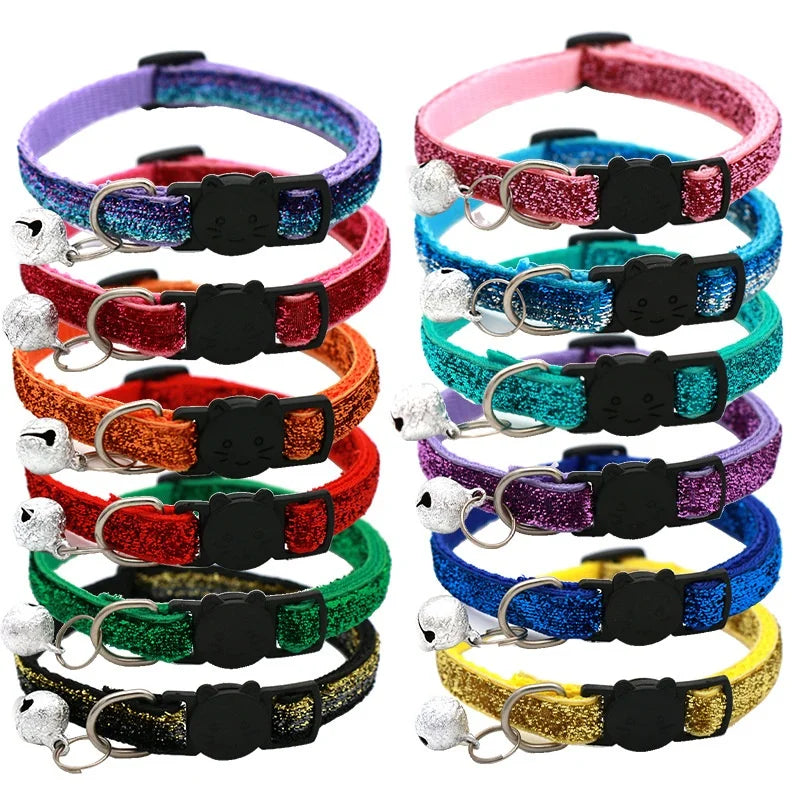 Cat Head Pet Collar with Bell Glitter Bell Adjustable Buckle Snap-Clasp Color Neck Strap for Small Cats