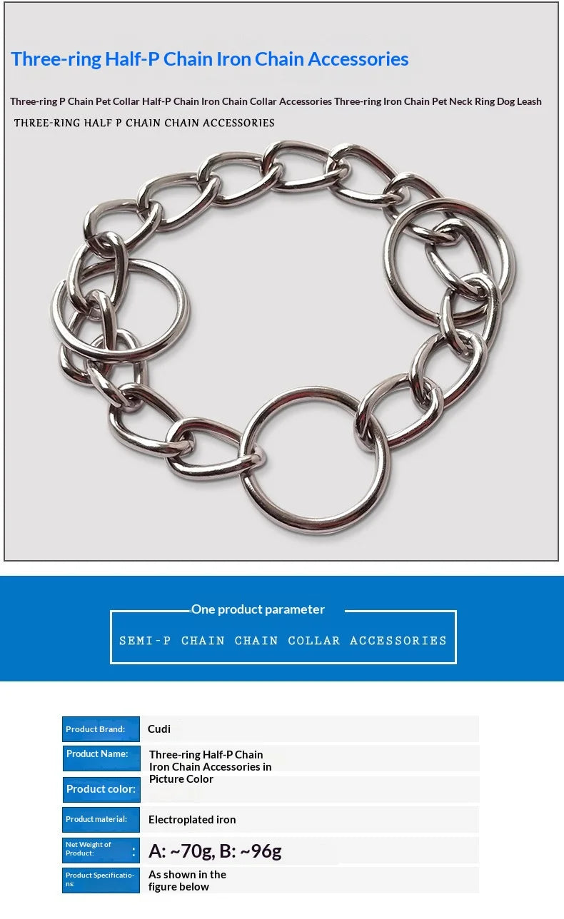 Three Ring Half P Chain Iron Durable Stainless Steel Silver Martingale Dog Collar Chain Rivet Solid Triangle Pattern Solid
