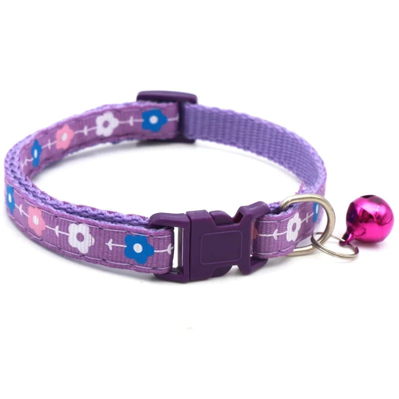 Flower Vine Pattern Cat Dog Outdoor Walking Three-Color Love Printed Patch Pet Collar Bell Cartoon Made Polyester Pet Outdoor