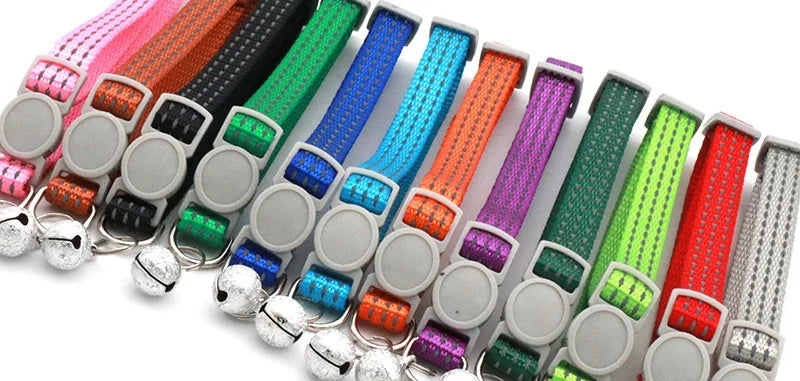 Reflective Breakaway Cat Collars Bells Adjustable Nylon Cotton Padded Striped Collars for Small Cats/Dogs 5 Bright Colors