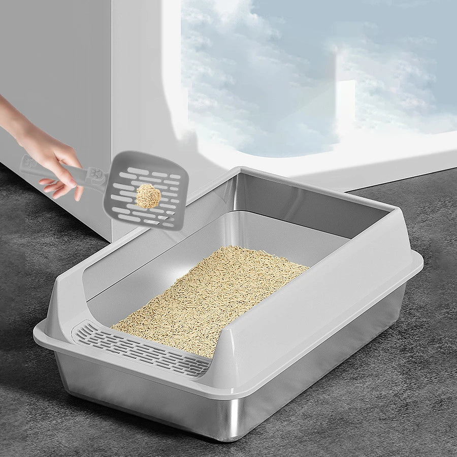 Metal Easy Clean High Sided Stainless Steel Cat Semi Enclosed Extra Large Size Anti Splash Take Out Cat Toilet Thickened
