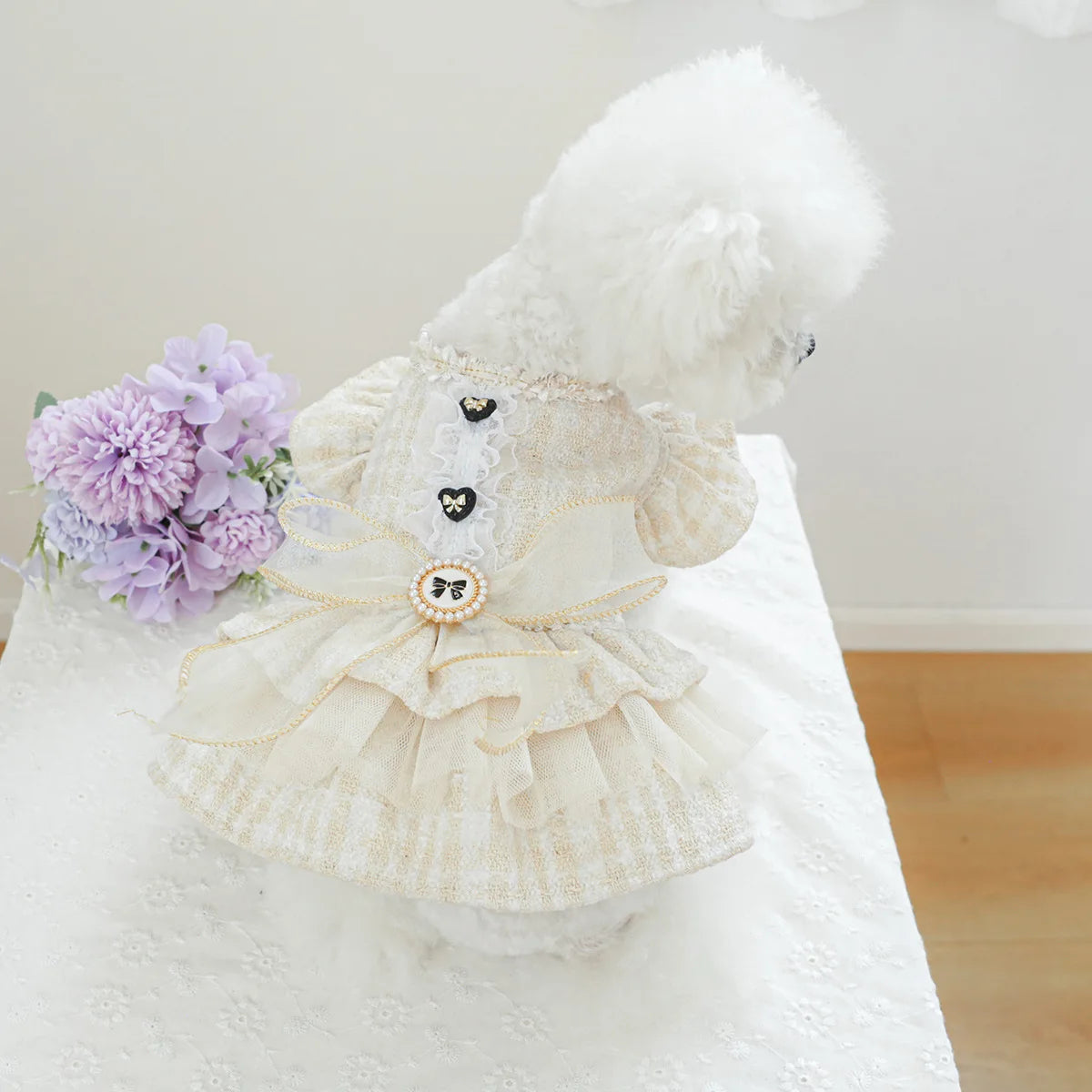 Dog Dress Lace Ruffles Pearl Bowknot Small Pet Party Pet Clothing Autumn Winter Fragrance Style Dress