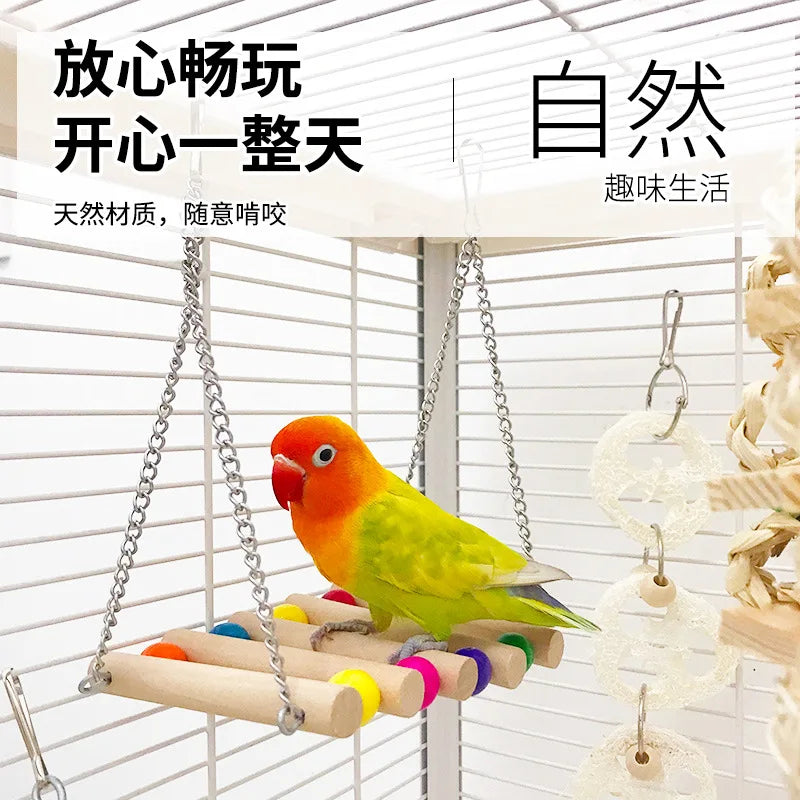 Parrot Toy Set Wood Color Combination Set Parrot Play Bite Toy Colorful Bead Swing Ladder Climbing Bird Supplies