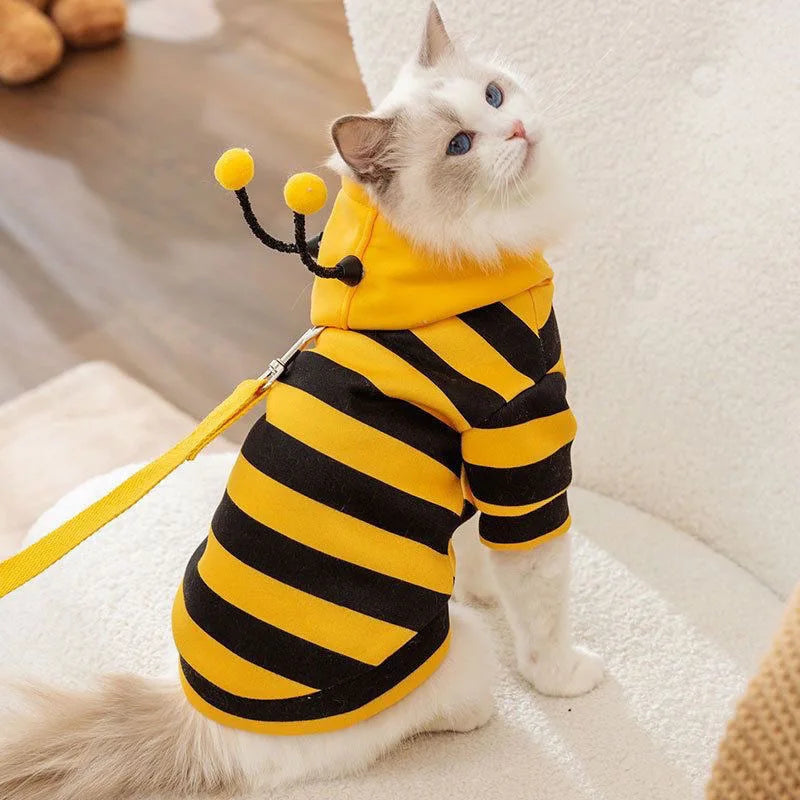 Cute Cat Themed Clothing Anti Fall Design Small Bee Shaped Pattern Pug Small Adorable Blue Cat Seasonal Pet Hoodie