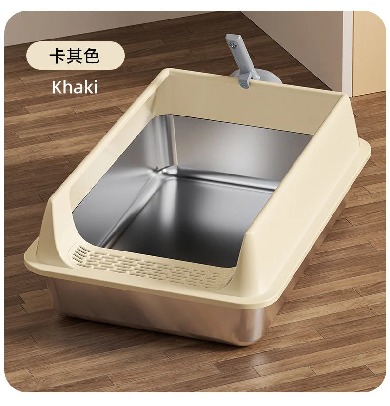 Metal Easy Clean High Sided Stainless Steel Cat Semi Enclosed Extra Large Size Anti Splash Take Out Cat Toilet Thickened