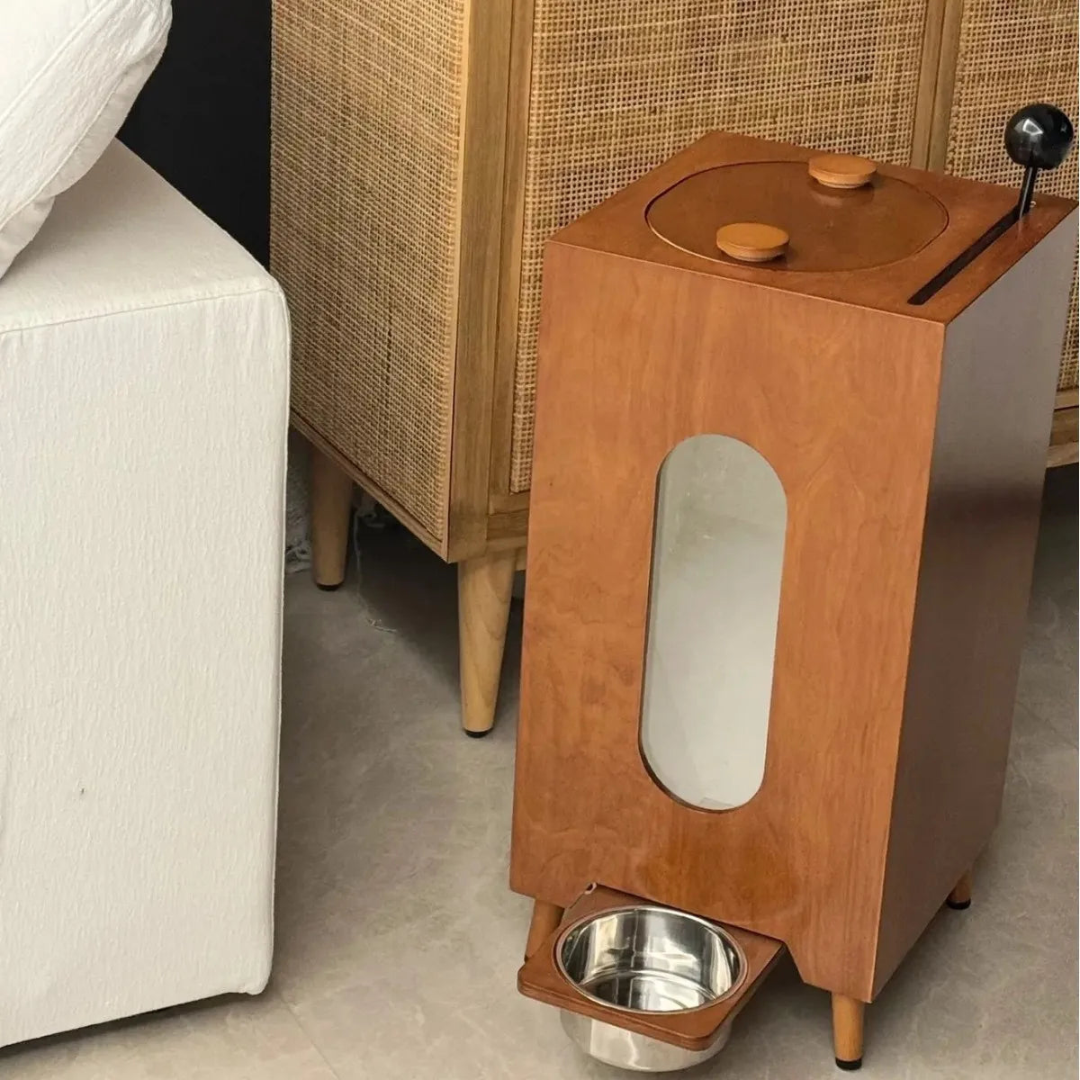 Wooden Pet Feeder Food Dispenser Large Capacity Suitable Cats Dogs Moisture Proof Healthy Manual Portion Control