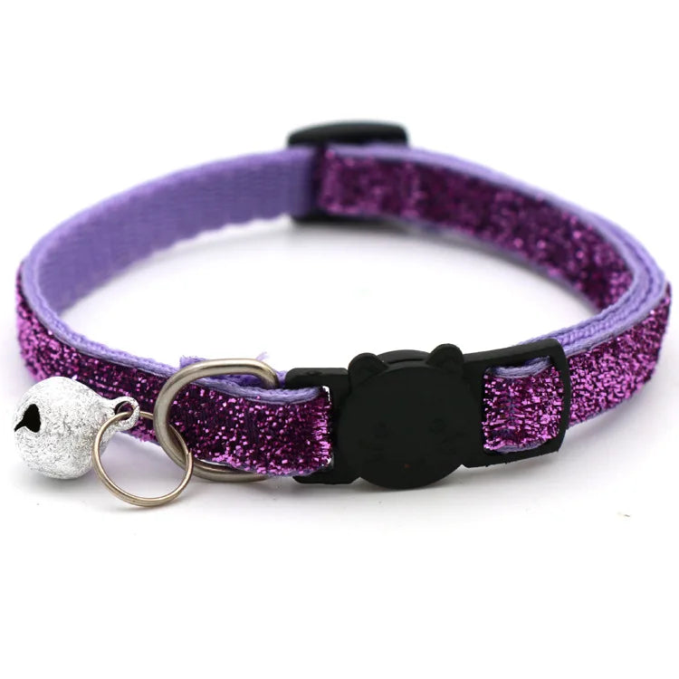 Cat Head Pet Collar with Bell Glitter Bell Adjustable Buckle Snap-Clasp Color Neck Strap for Small Cats
