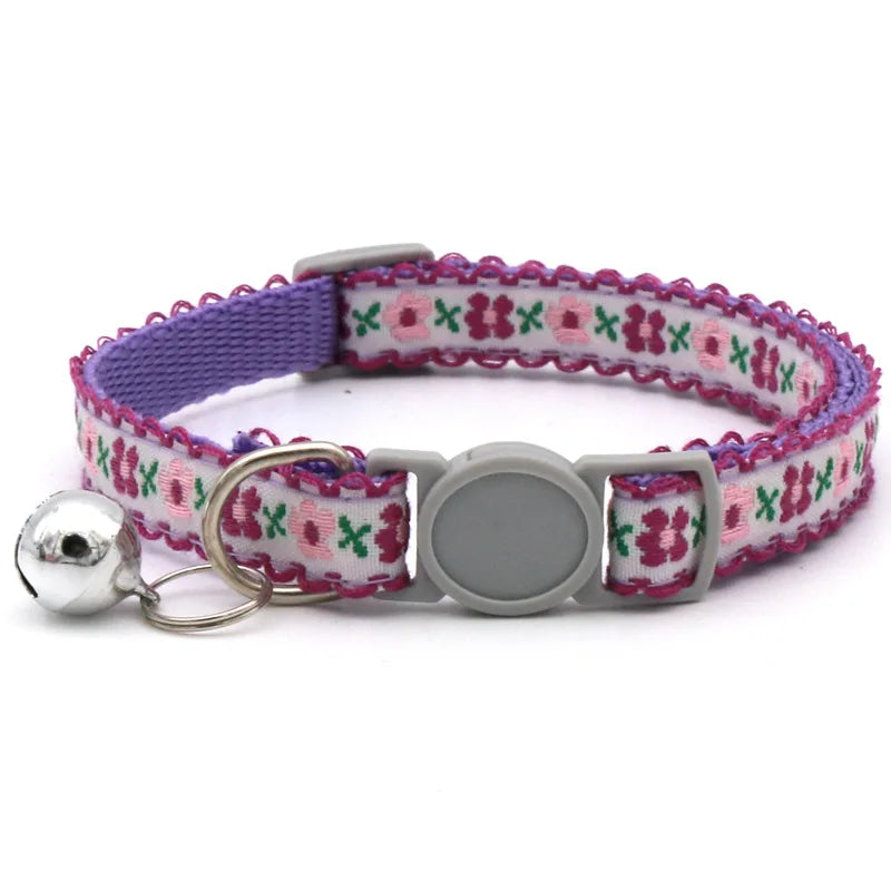 Modern Floral Embroidery Pattern Cat Collar with Break-Away Safety Buckle Quick Release Small Bell-Adjustable Nylon