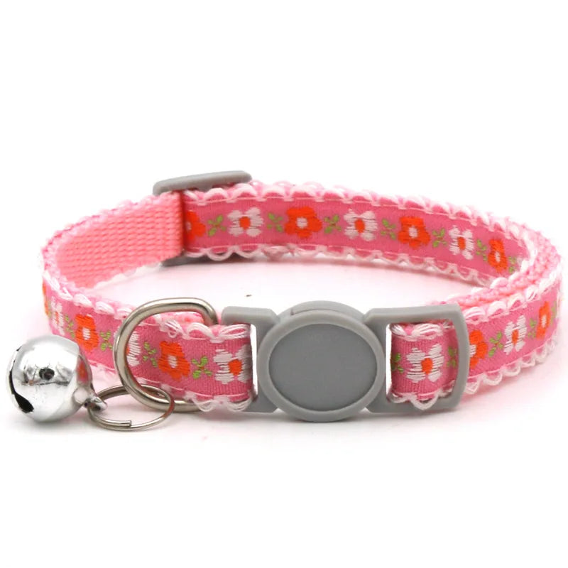 Modern Floral Embroidery Pattern Cat Collar with Break-Away Safety Buckle Quick Release Small Bell-Adjustable Nylon