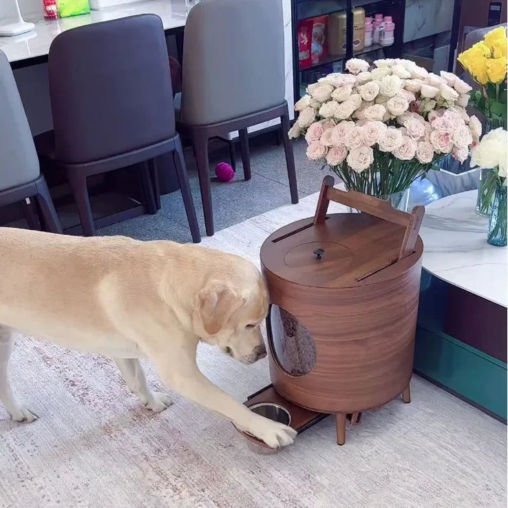 Wooden Pet Feeder Food Dispenser Large Capacity Suitable Cats Dogs Moisture Proof Healthy Manual Portion Control