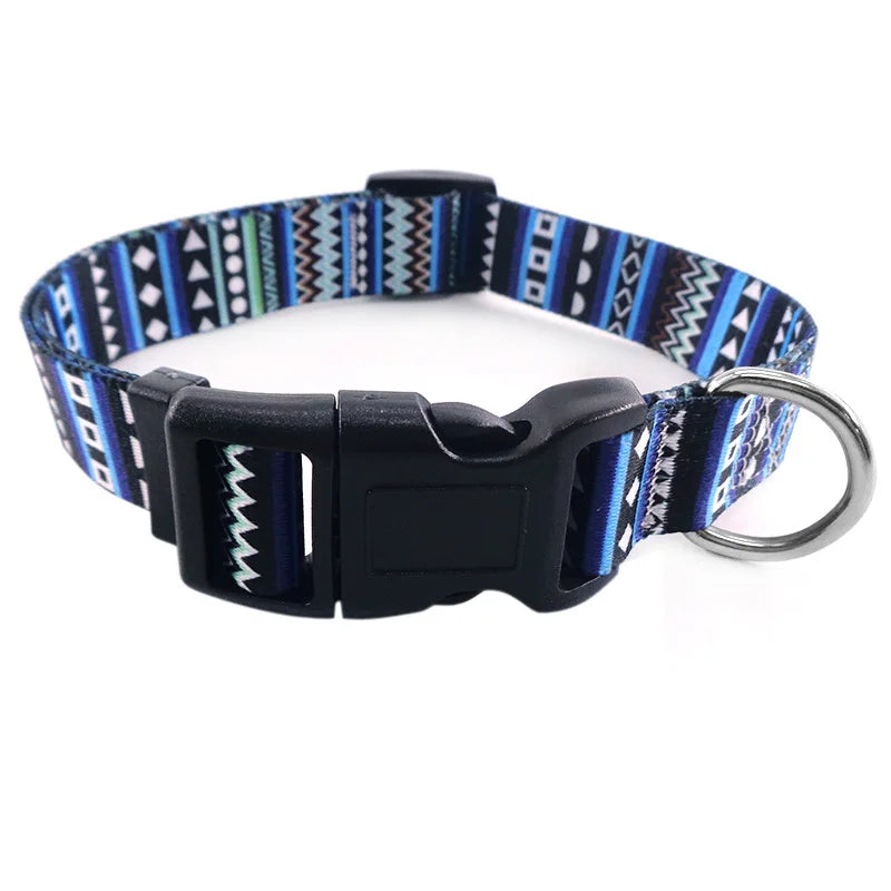 Digitally Printed Bohemian Ethnic Style Modern Striped Adjustable Fabric Canvas Dog Collar with Buckle Closure