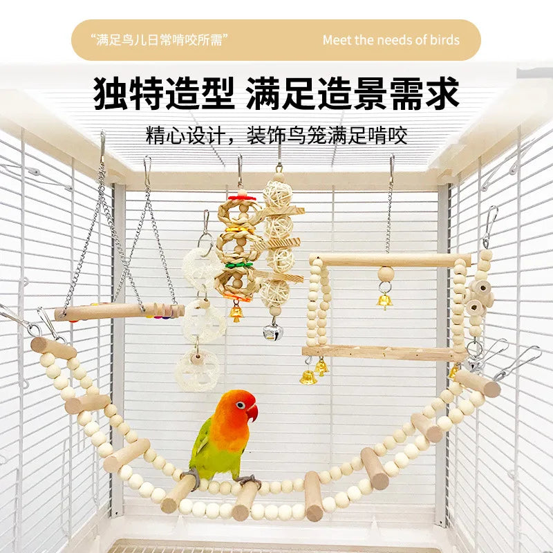 Parrot Toy Set Wood Color Combination Set Parrot Play Bite Toy Colorful Bead Swing Ladder Climbing Bird Supplies