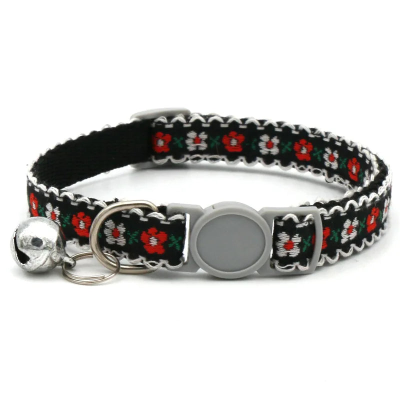 Modern Floral Embroidery Pattern Cat Collar with Break-Away Safety Buckle Quick Release Small Bell-Adjustable Nylon
