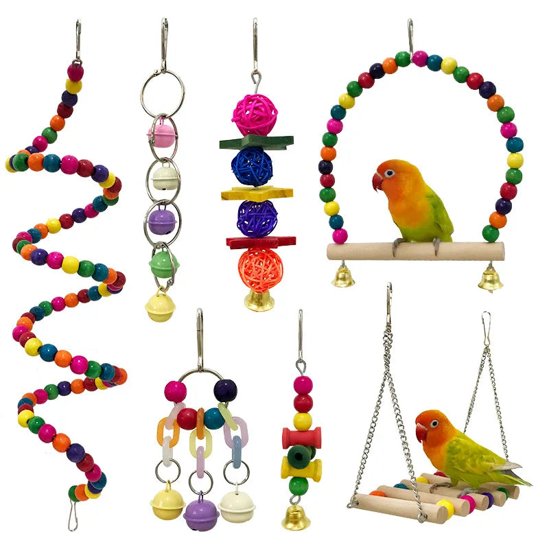 Parrot Toy Set Wood Color Combination Set Parrot Play Bite Toy Colorful Bead Swing Ladder Climbing Bird Supplies