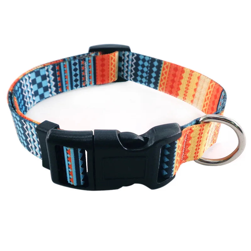 Digitally Printed Bohemian Ethnic Style Modern Striped Adjustable Fabric Canvas Dog Collar with Buckle Closure
