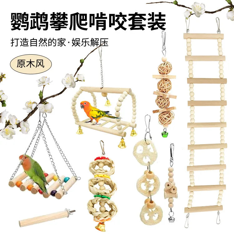 Parrot Toy Set Wood Color Combination Set Parrot Play Bite Toy Colorful Bead Swing Ladder Climbing Bird Supplies
