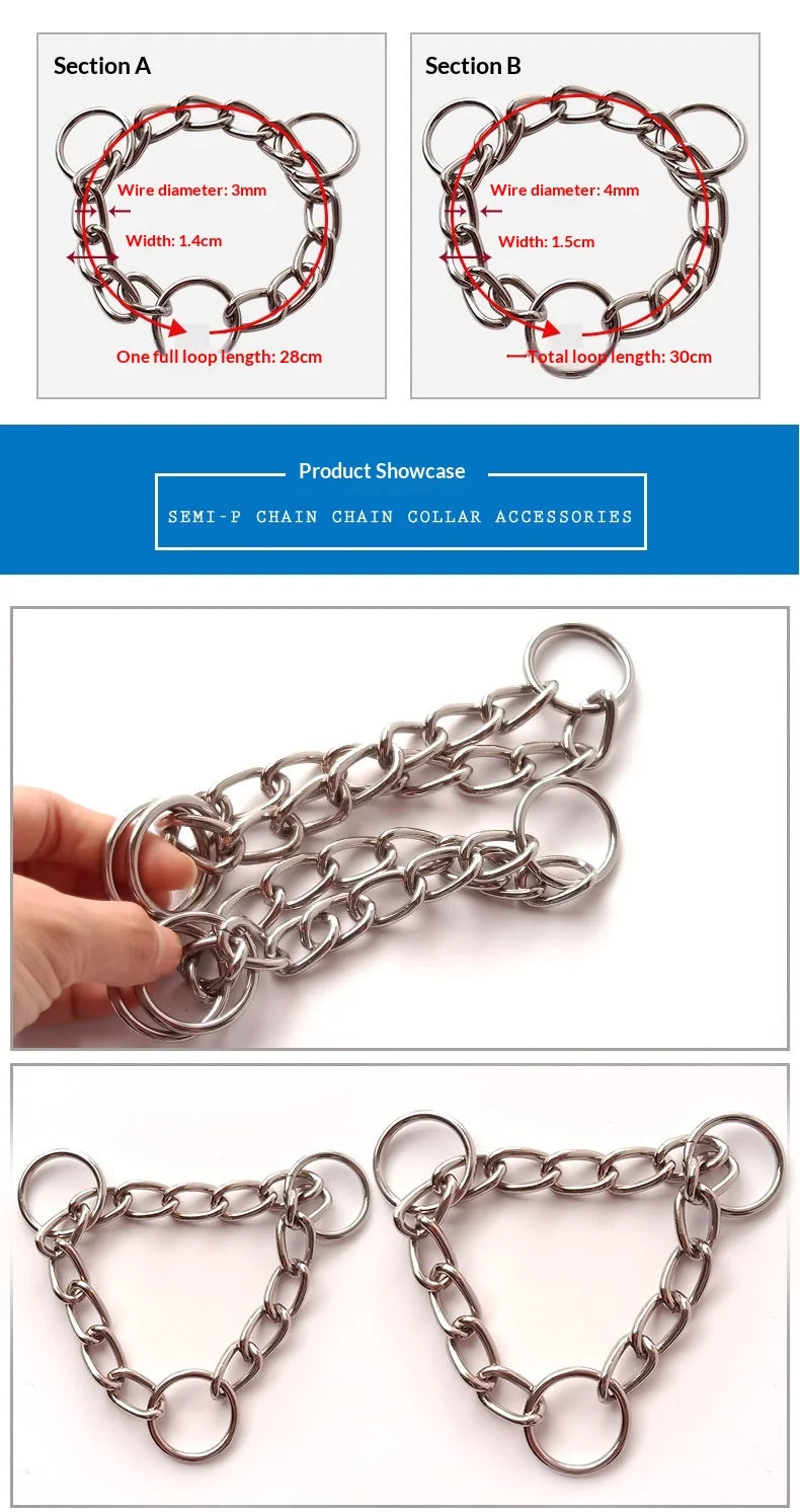 Three Ring Half P Chain Iron Durable Stainless Steel Silver Martingale Dog Collar Chain Rivet Solid Triangle Pattern Solid
