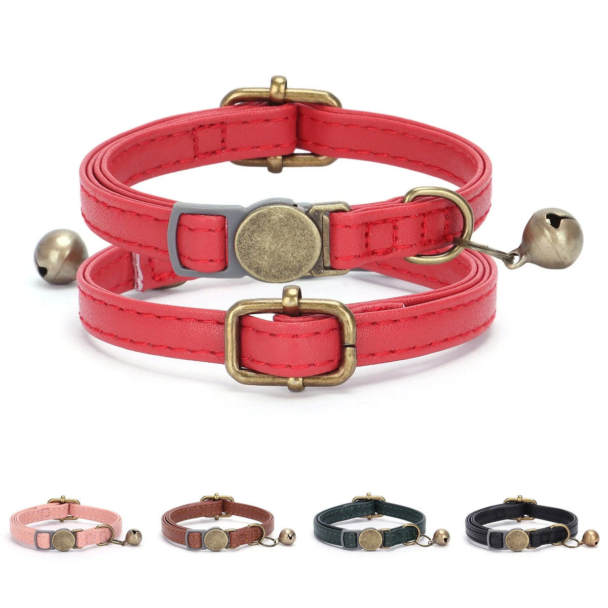 Durable PU Leather Solid Personalized Buckle Breakaway Cat Collar With Bell Soft for Dogs and Cats Multiple Colors