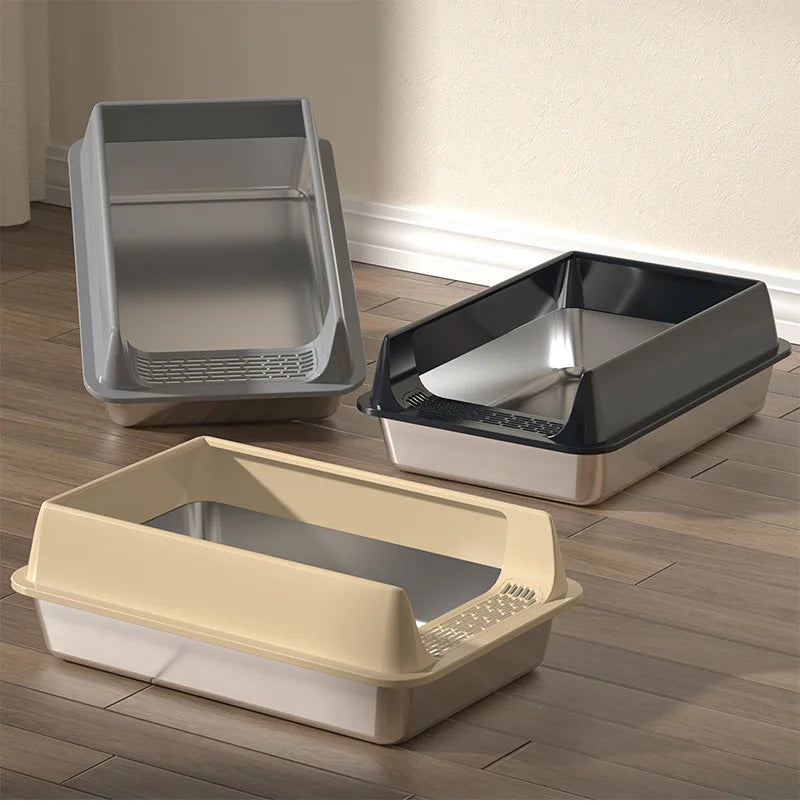 Metal Easy Clean High Sided Stainless Steel Cat Semi Enclosed Extra Large Size Anti Splash Take Out Cat Toilet Thickened