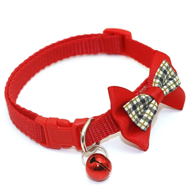 Adjustable Bowknot Pet Collar Polyester Buckle Closure with Bell Solid Color for Cats Small Pets