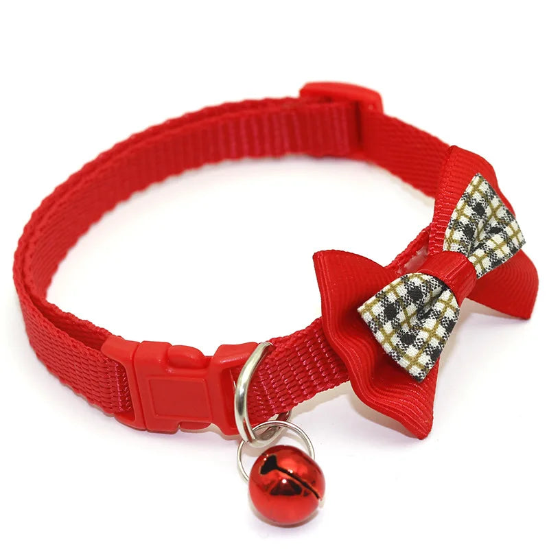 Adjustable Bowknot Pet Collar Polyester Buckle Closure with Bell Solid Color for Cats Small Pets