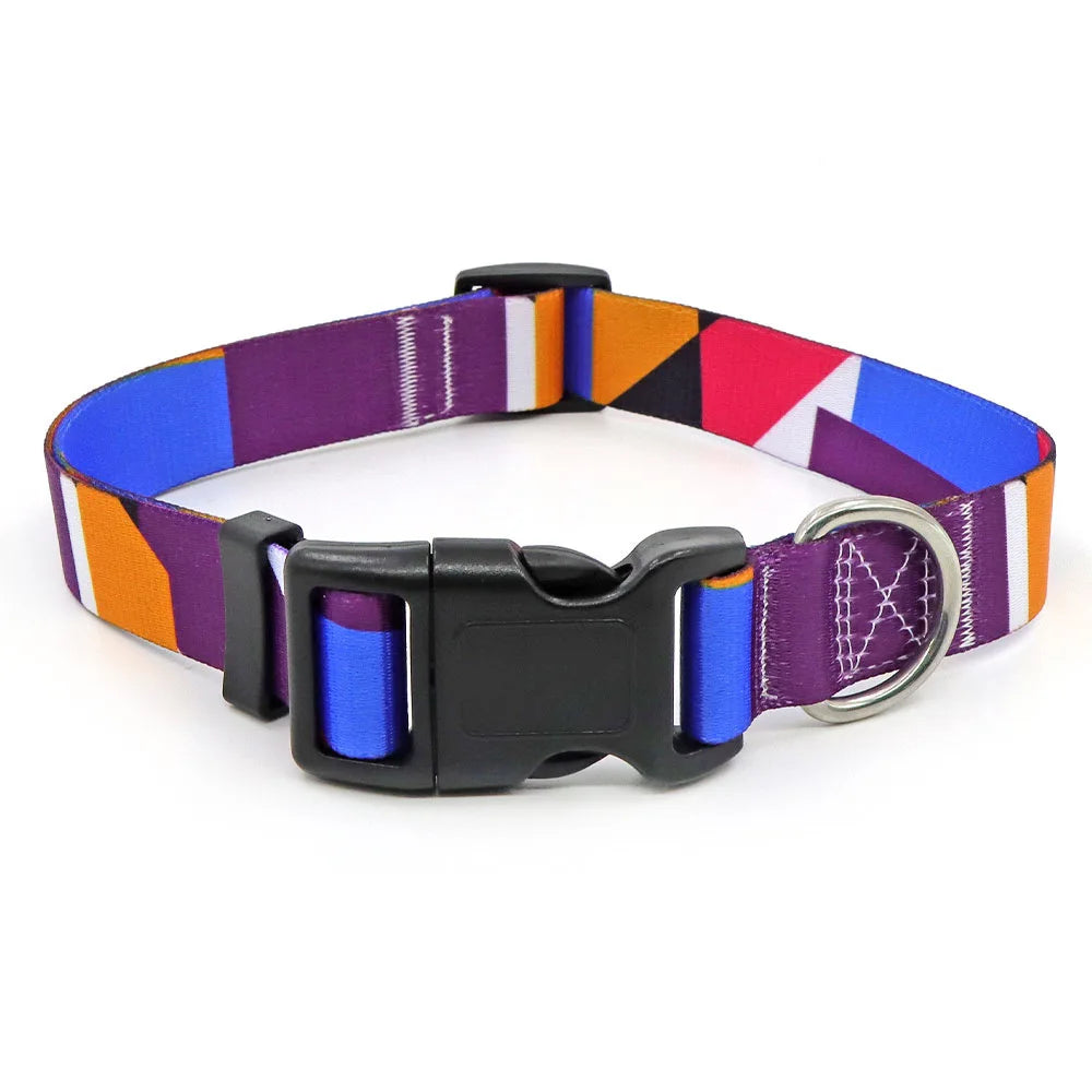 Digitally Printed Bohemian Ethnic Style Modern Striped Adjustable Fabric Canvas Dog Collar with Buckle Closure