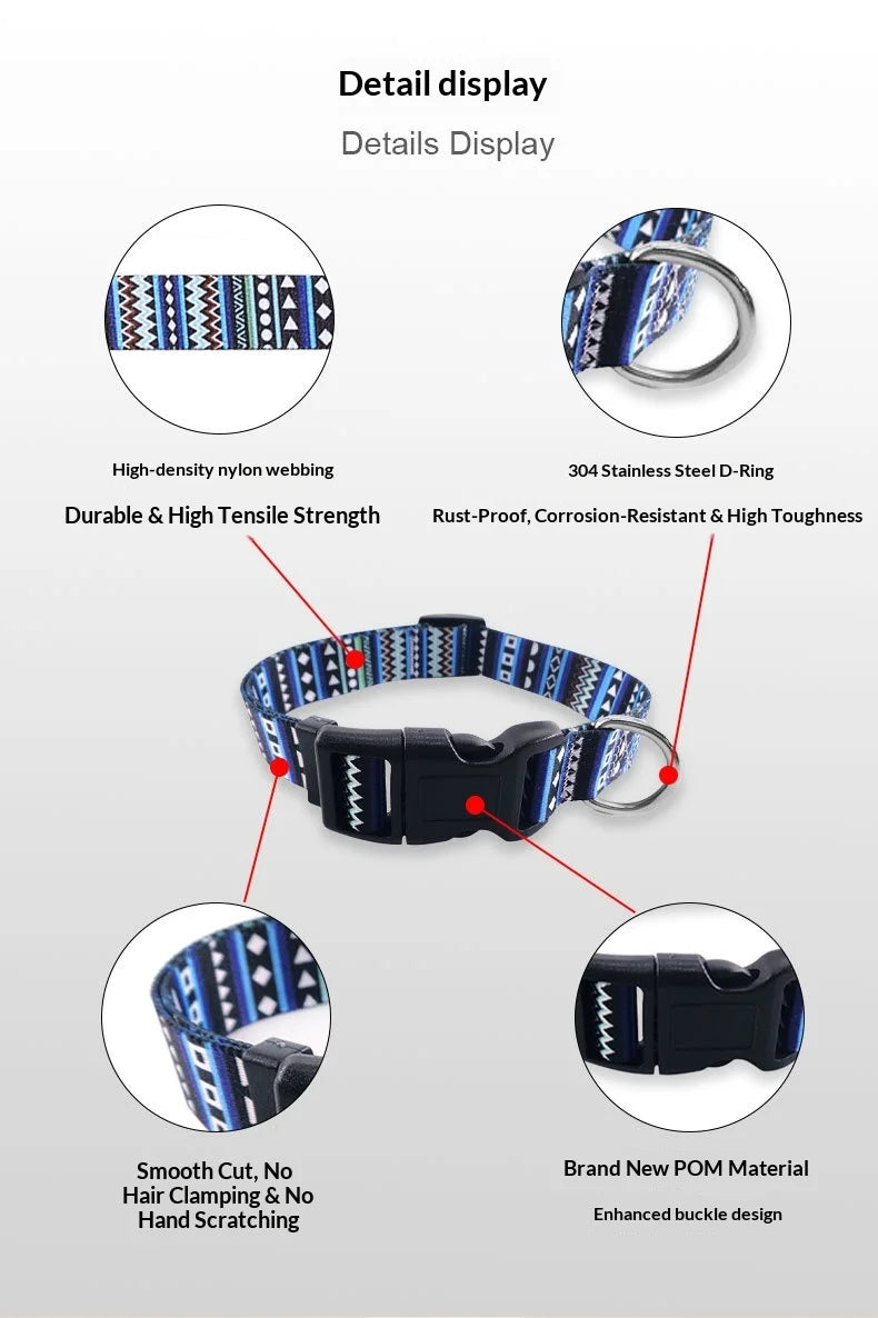 Digitally Printed Bohemian Ethnic Style Modern Striped Adjustable Fabric Canvas Dog Collar with Buckle Closure