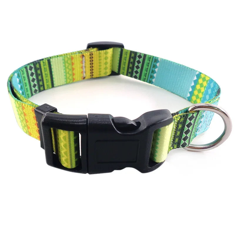 Digitally Printed Bohemian Ethnic Style Modern Striped Adjustable Fabric Canvas Dog Collar with Buckle Closure