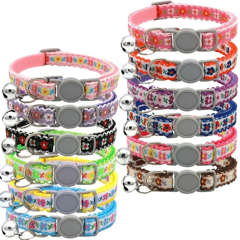 Modern Floral Embroidery Pattern Cat Collar with Break-Away Safety Buckle Quick Release Small Bell-Adjustable Nylon