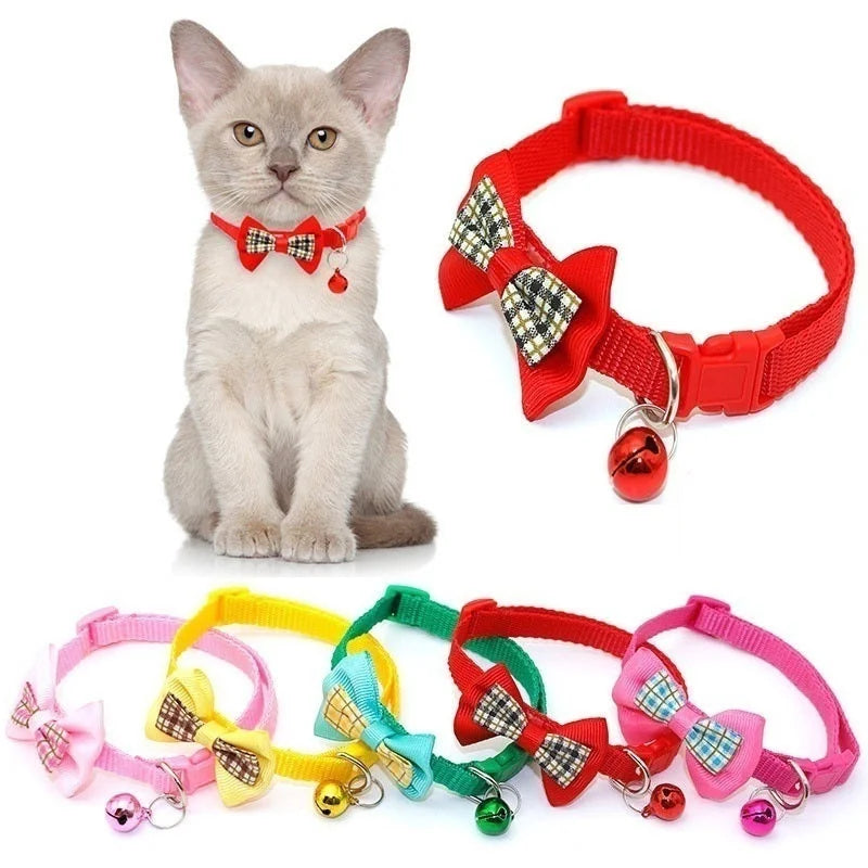 Adjustable Bowknot Pet Collar Polyester Buckle Closure with Bell Solid Color for Cats Small Pets