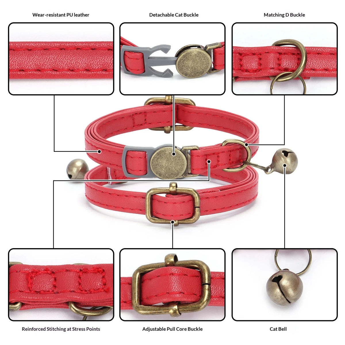 Durable PU Leather Solid Personalized Buckle Breakaway Cat Collar With Bell Soft for Dogs and Cats Multiple Colors