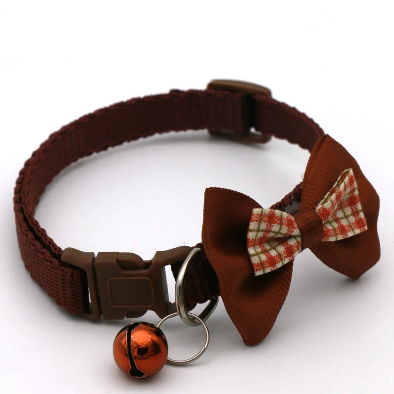 Adjustable Bowknot Pet Collar Polyester Buckle Closure with Bell Solid Color for Cats Small Pets