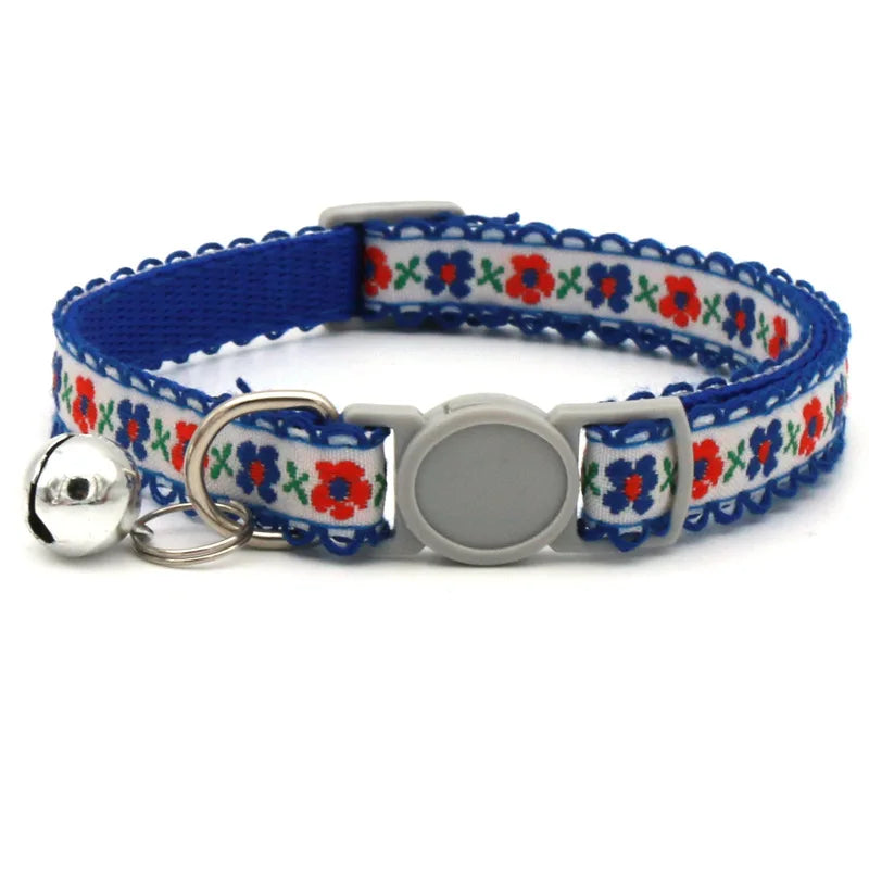 Modern Floral Embroidery Pattern Cat Collar with Break-Away Safety Buckle Quick Release Small Bell-Adjustable Nylon