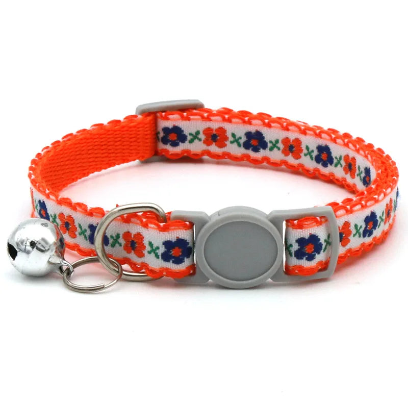 Modern Floral Embroidery Pattern Cat Collar with Break-Away Safety Buckle Quick Release Small Bell-Adjustable Nylon
