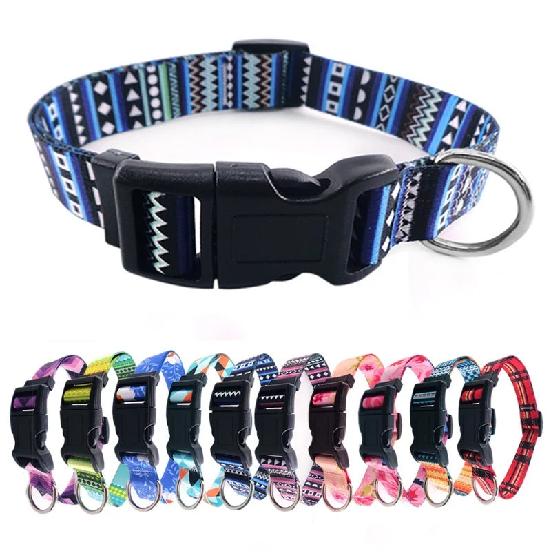 Digitally Printed Bohemian Ethnic Style Modern Striped Adjustable Fabric Canvas Dog Collar with Buckle Closure