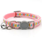 Modern Floral Embroidery Pattern Cat Collar with Break-Away Safety Buckle Quick Release Small Bell-Adjustable Nylon