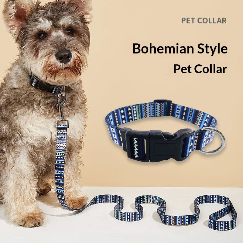 Digitally Printed Bohemian Ethnic Style Modern Striped Adjustable Fabric Canvas Dog Collar with Buckle Closure
