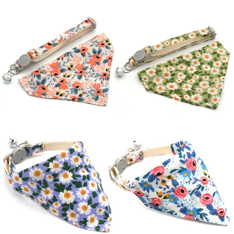 Floral Cat Collar Set Pet Neckwear Buckle Closure Cloth Triangle Scarf Collar with Bandana Bell Small Pet Accessory