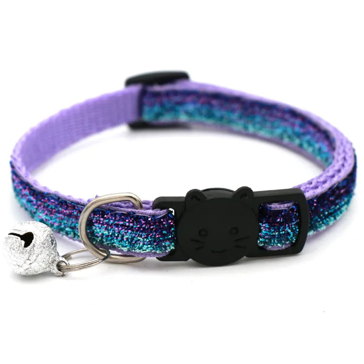 Cat Head Pet Collar with Bell Glitter Bell Adjustable Buckle Snap-Clasp Color Neck Strap for Small Cats