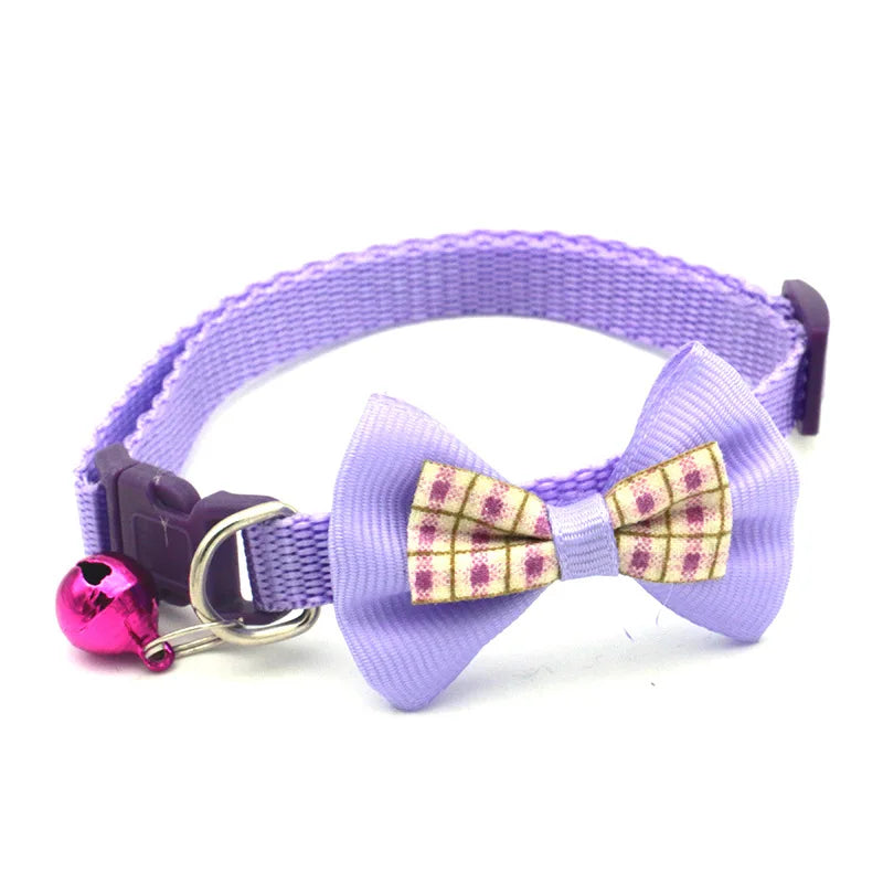 Adjustable Bowknot Pet Collar Polyester Buckle Closure with Bell Solid Color for Cats Small Pets