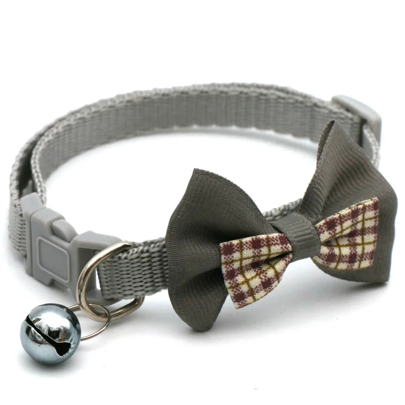 Adjustable Bowknot Pet Collar Polyester Buckle Closure with Bell Solid Color for Cats Small Pets