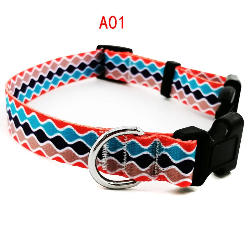 Digitally Printed Bohemian Ethnic Style Modern Striped Adjustable Fabric Canvas Dog Collar with Buckle Closure