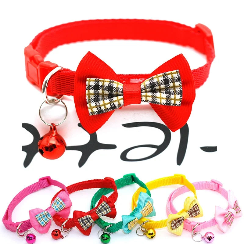 Adjustable Bowknot Pet Collar Polyester Buckle Closure with Bell Solid Color for Cats Small Pets