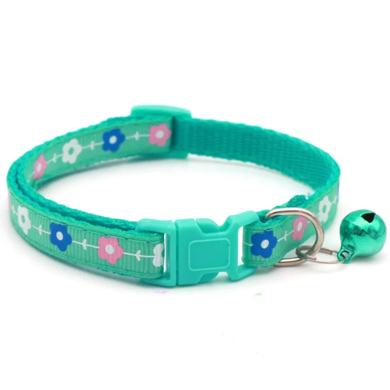 Flower Vine Pattern Cat Dog Outdoor Walking Three-Color Love Printed Patch Pet Collar Bell Cartoon Made Polyester Pet Outdoor