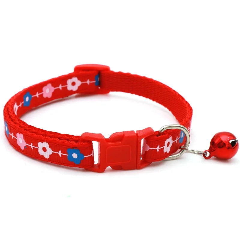 Flower Vine Pattern Cat Dog Outdoor Walking Three-Color Love Printed Patch Pet Collar Bell Cartoon Made Polyester Pet Outdoor
